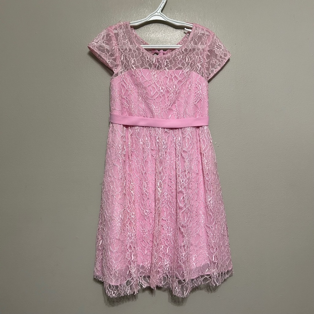 Azazie Girl's Dress C 4T 5T Pink Flower Girl Floral Lace Short Sleeve Zip Tie